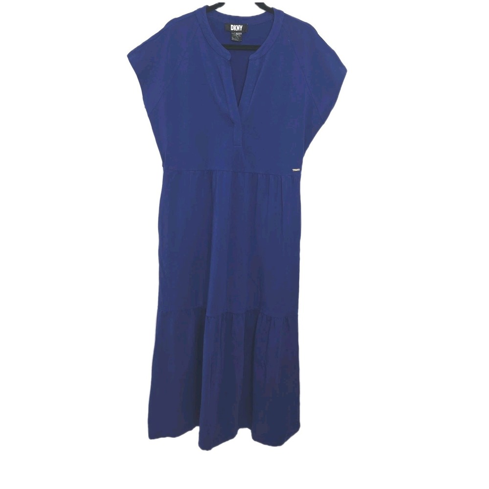 DKNY Royal Blue V-neck Tiered Short Sleeve Jersey Rayon‎ MIDI Dress Size XL